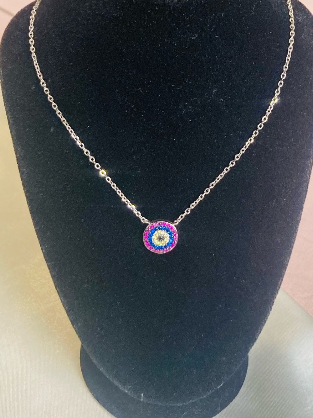 925 Sterling Silver Multicolor Pavé Evil Eye Circle Disc Pendant Necklace